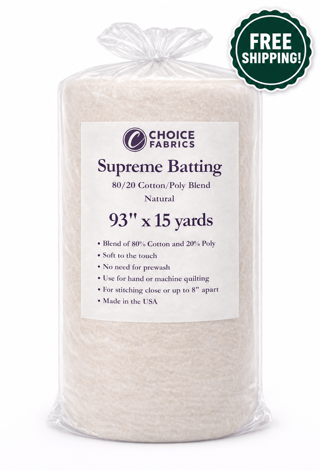 Supreme Batting - 80/20 Cotton/Poly Blend - 15 Yard Roll (93" x 15yds)