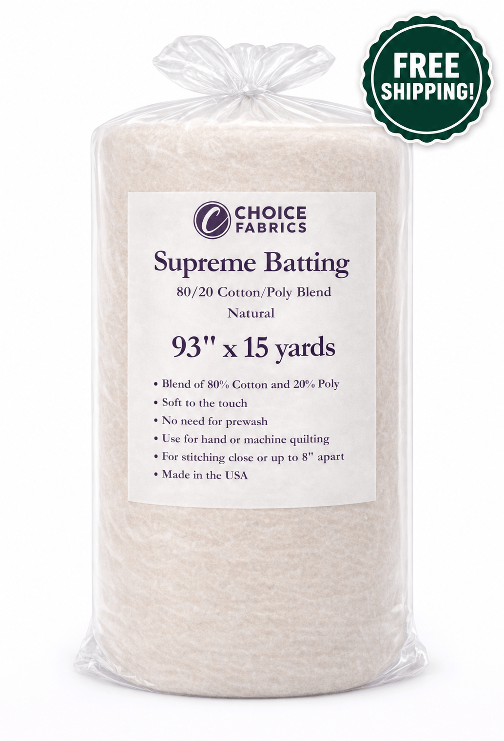 Supreme Batting - 80/20 Cotton/Poly Blend - 15 Yard Roll (93" x 15yds)
