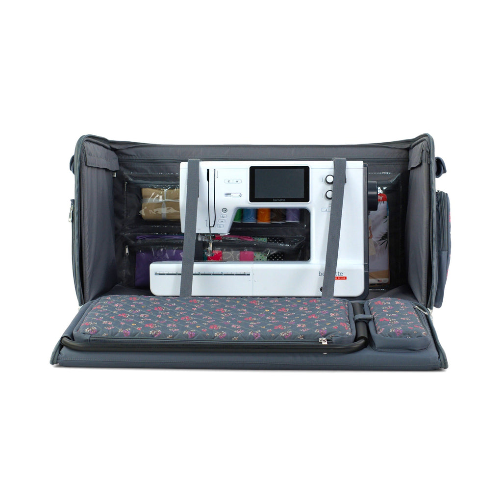 Everything Mary Jumbo Rolling Sewing Machine Case with 5 Wheels in Grey Quilted Floral – Extra-Large Padded Craft Storage Tote for Travel & Classes