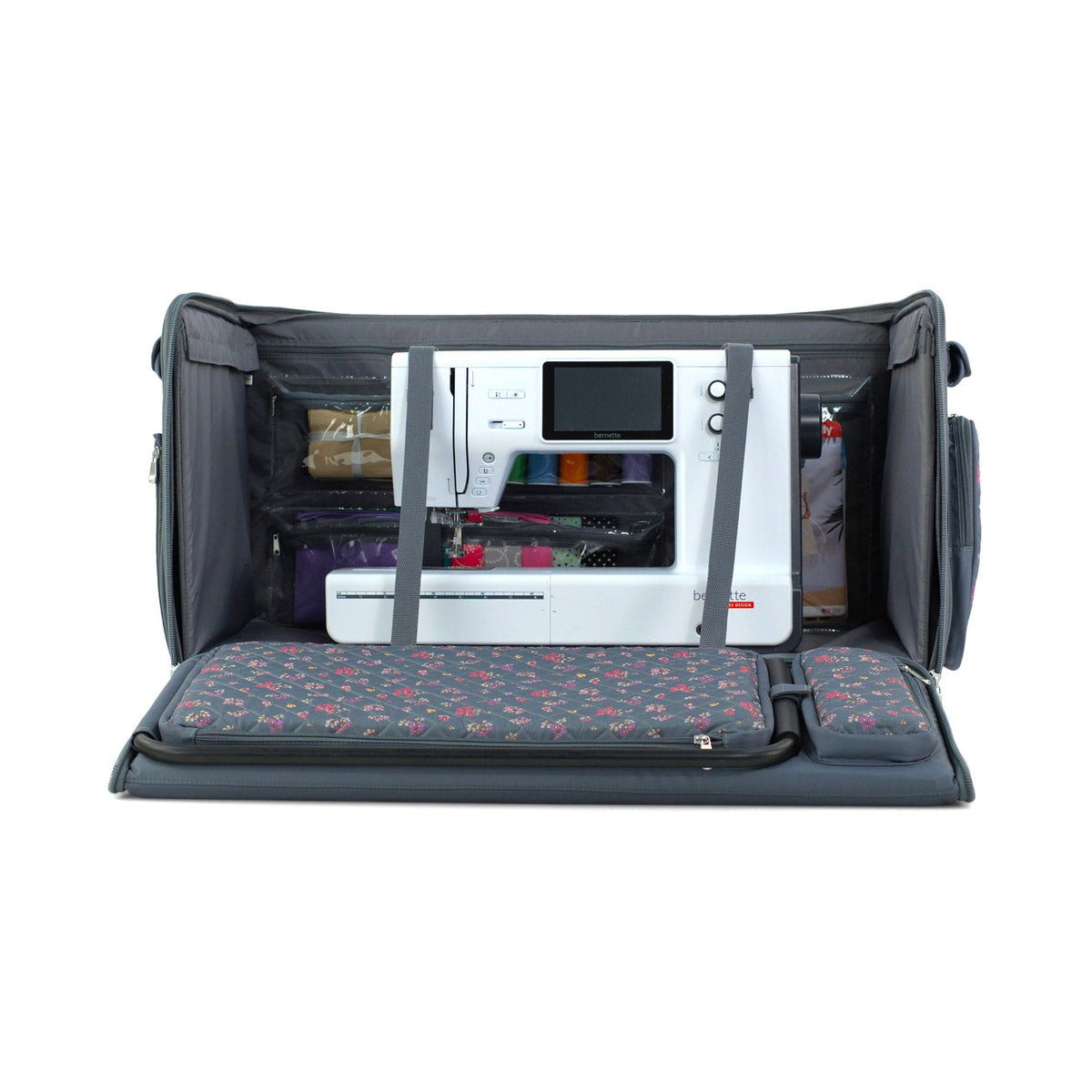 Everything Mary Jumbo Rolling Sewing Machine Case with 5 Wheels in Grey Quilted Floral – Extra-Large Padded Craft Storage Tote for Travel & Classes