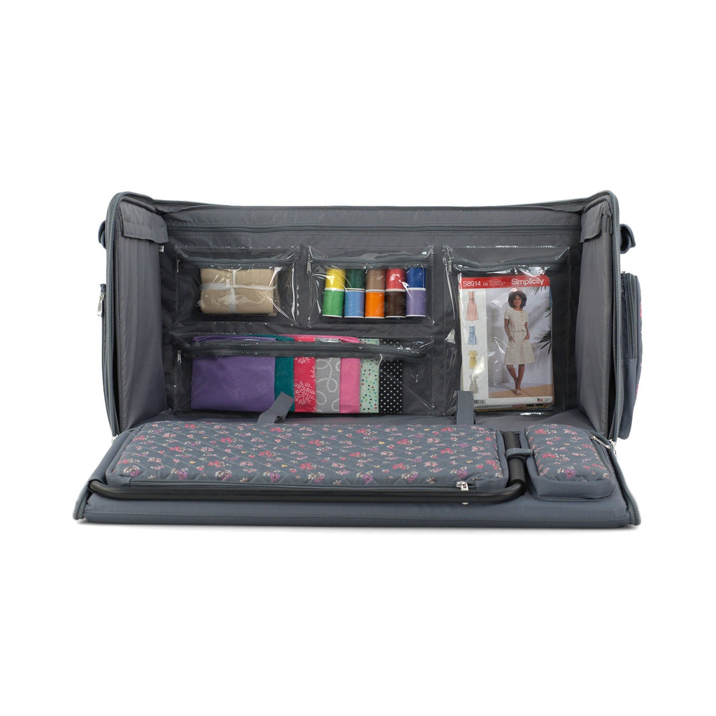 Everything Mary Jumbo Rolling Sewing Machine Case with 5 Wheels in Grey Quilted Floral – Extra-Large Padded Craft Storage Tote for Travel & Classes